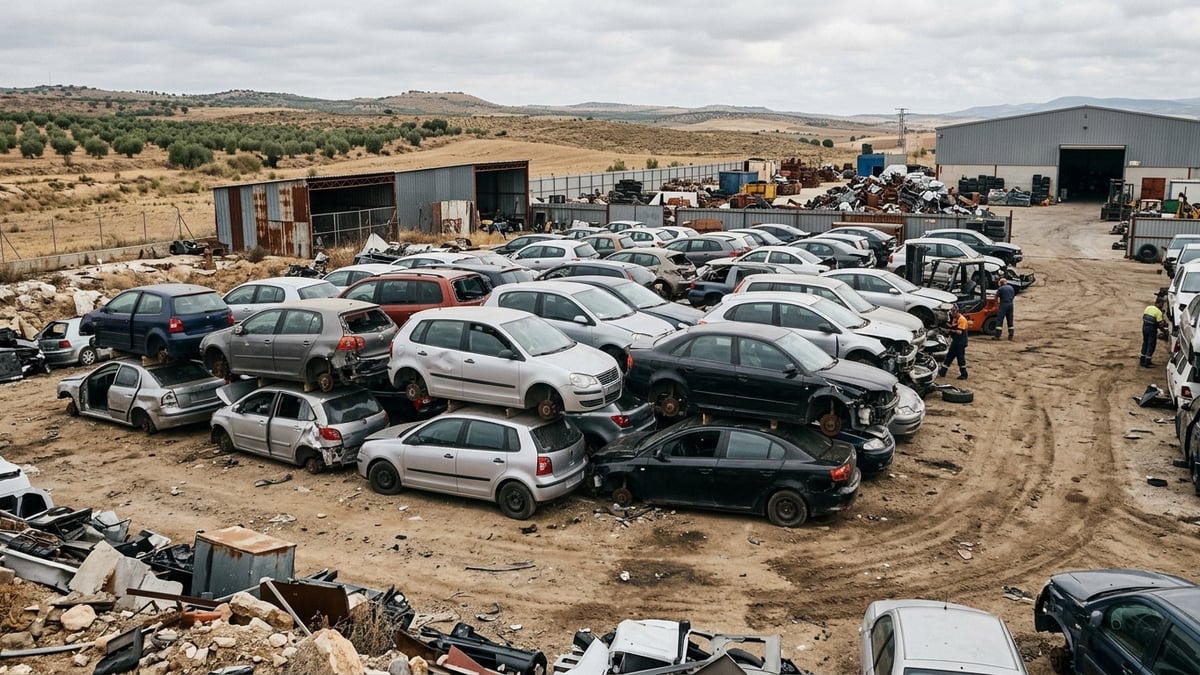 Coches modernos dañados apilados en un desguace español bajo cielo nublado.