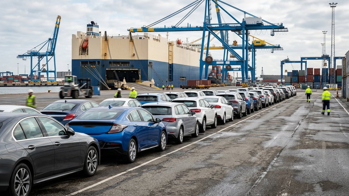 Coches híbridos genéricos en un puerto europeo, reflejando la reducción de importaciones y su impacto en el mercado.