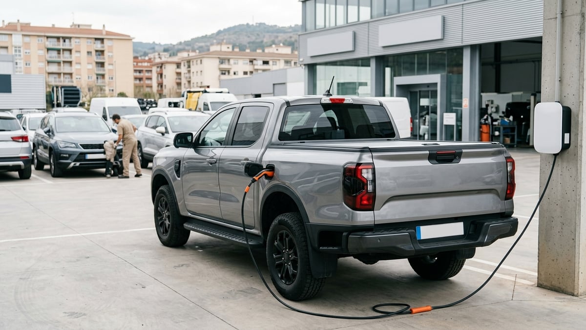 Pick-up híbrida enchufable genérica siendo cargada en un centro de preparación de vehículos, con otros coches nuevos al fondo.