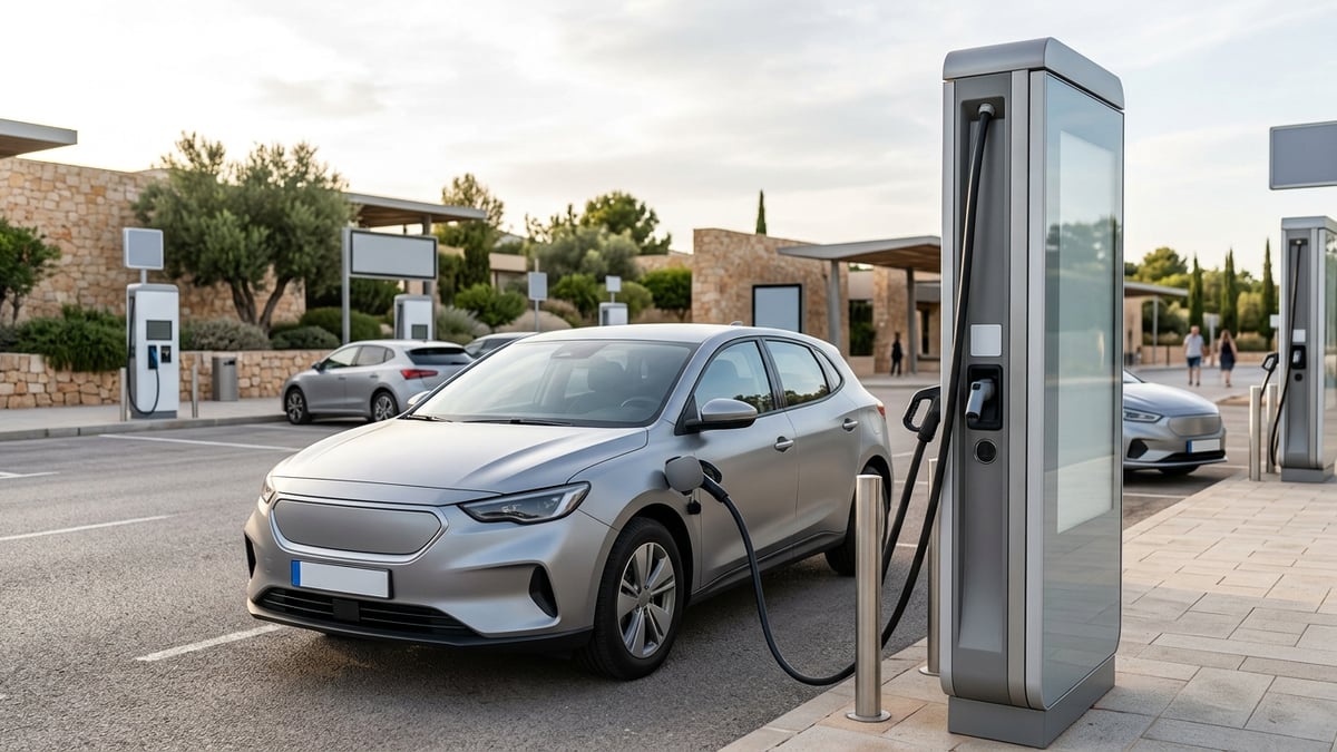 Coche eléctrico genérico cargando en estación ultrarrápida moderna en España.