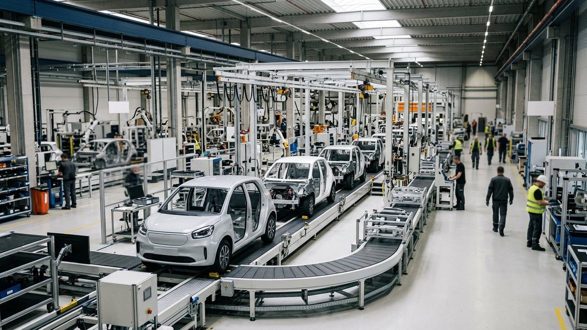 Interior de una fábrica europea. Chasis de coches eléctricos compactos en línea de montaje. Trabajadores al fondo.