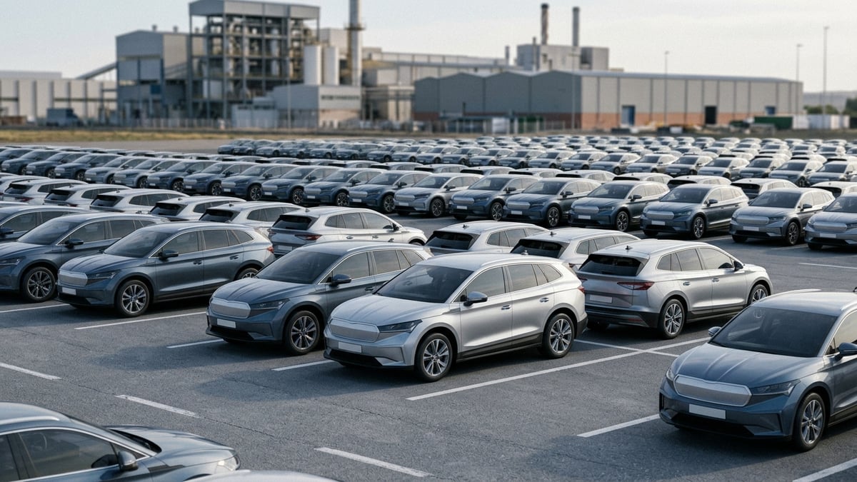 Gran aparcamiento industrial con filas de SUV eléctricos genéricos, edificios de fábrica al fondo.