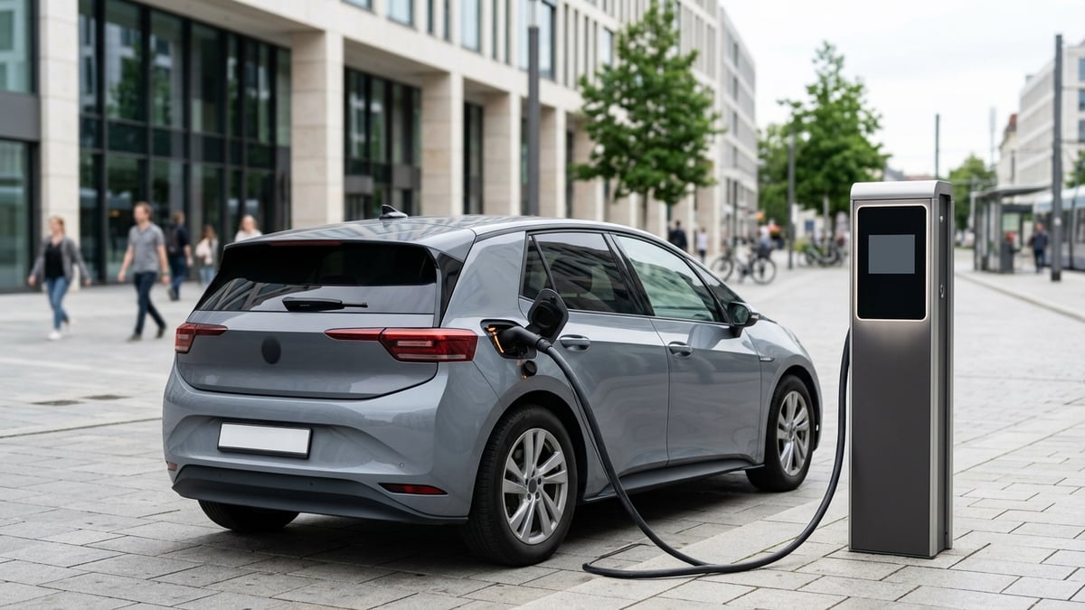 Coche eléctrico genérico cargando en estación ultrarrápida europea, luz natural.