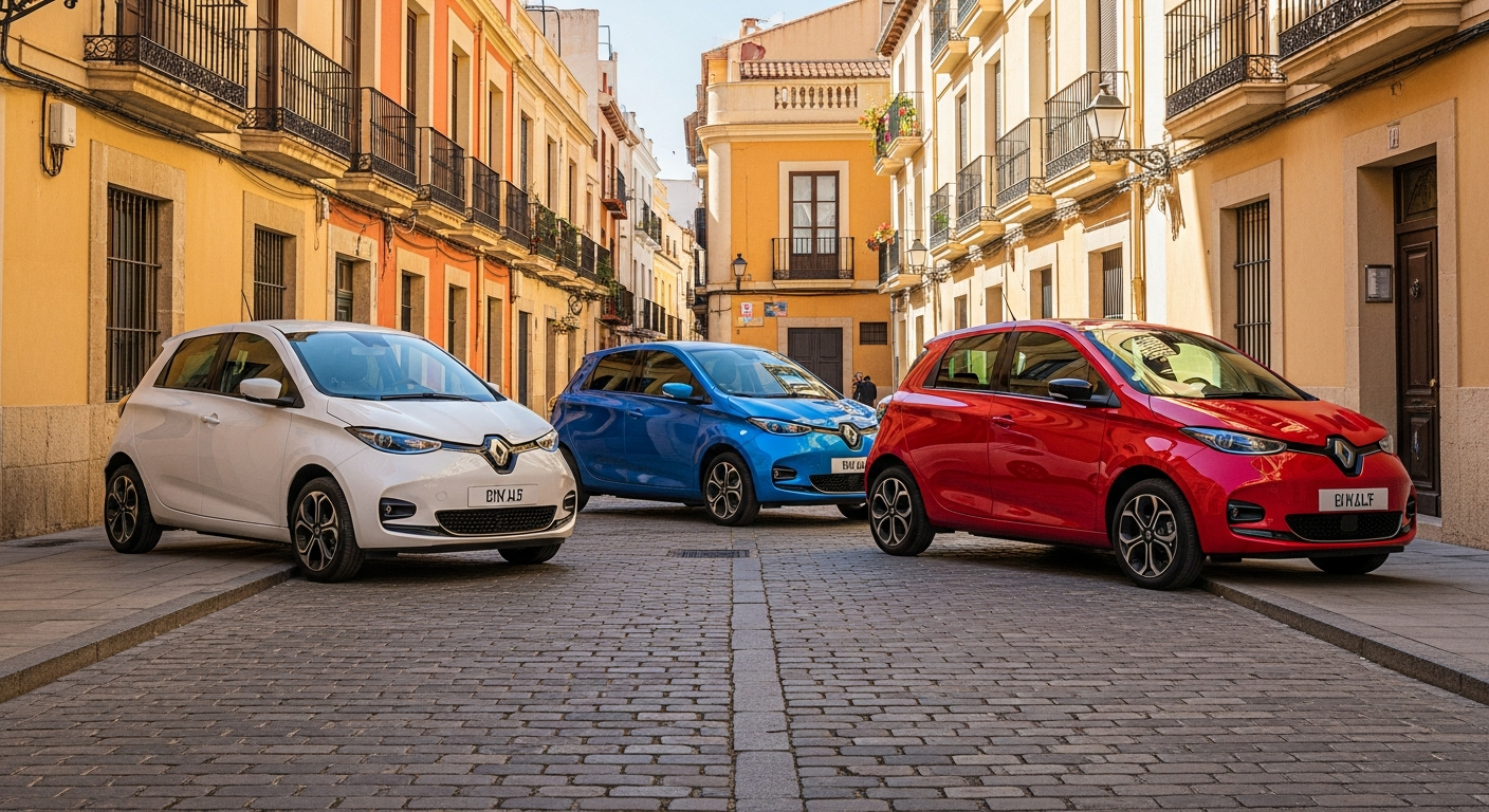 Coches eléctricos compactos chinos aparcados en calle de ciudad mediterránea