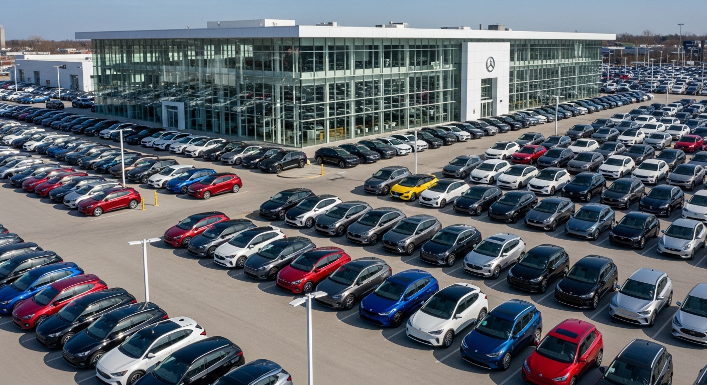 Vista aérea de concesionario con coches eléctricos nuevos a la venta