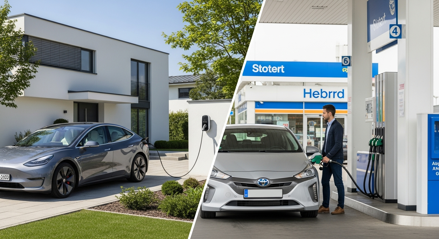 Comparación visual entre coche eléctrico cargando en casa e híbrido en gasolinera