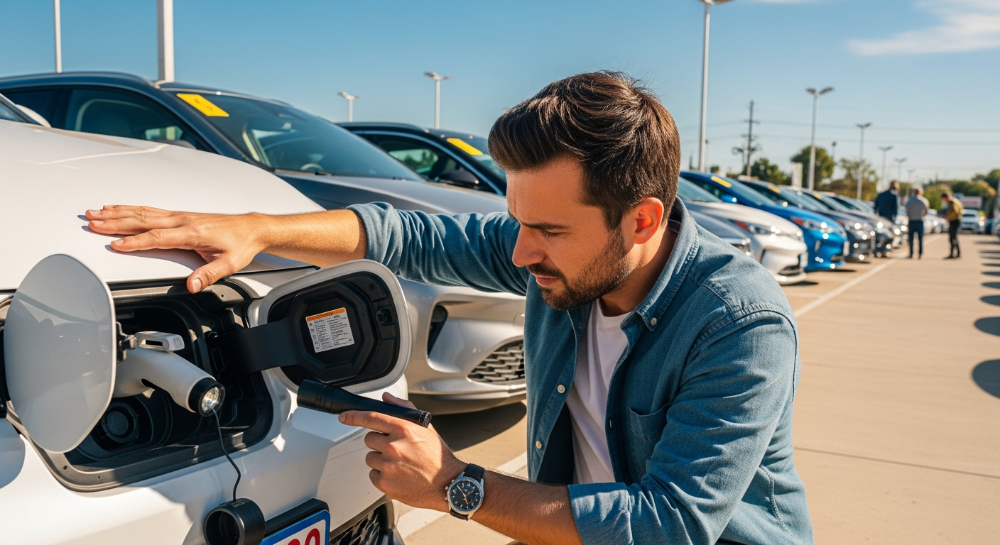 Persona inspeccionando un coche eléctrico chino de segunda mano en concesionario