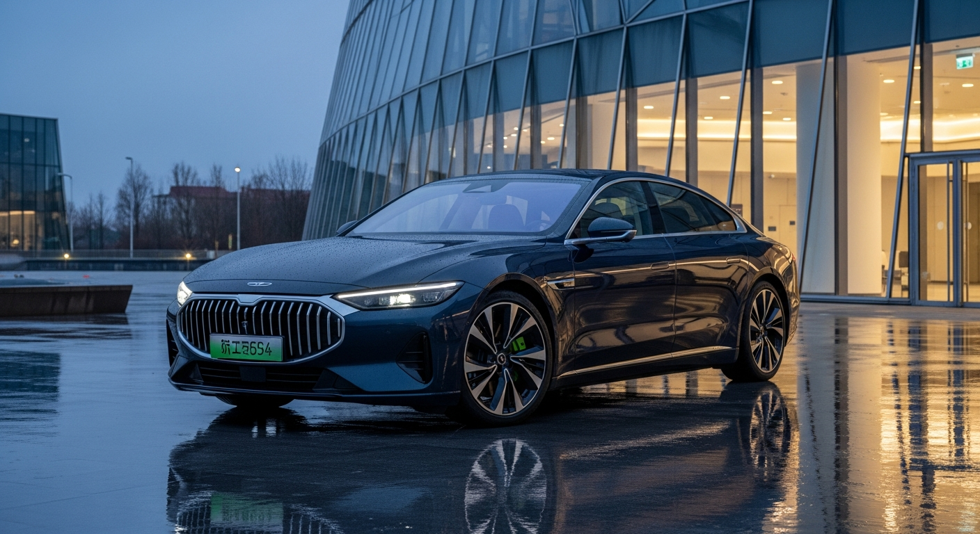 Sedán eléctrico premium de lujo aparcado frente a edificio moderno al atardecer