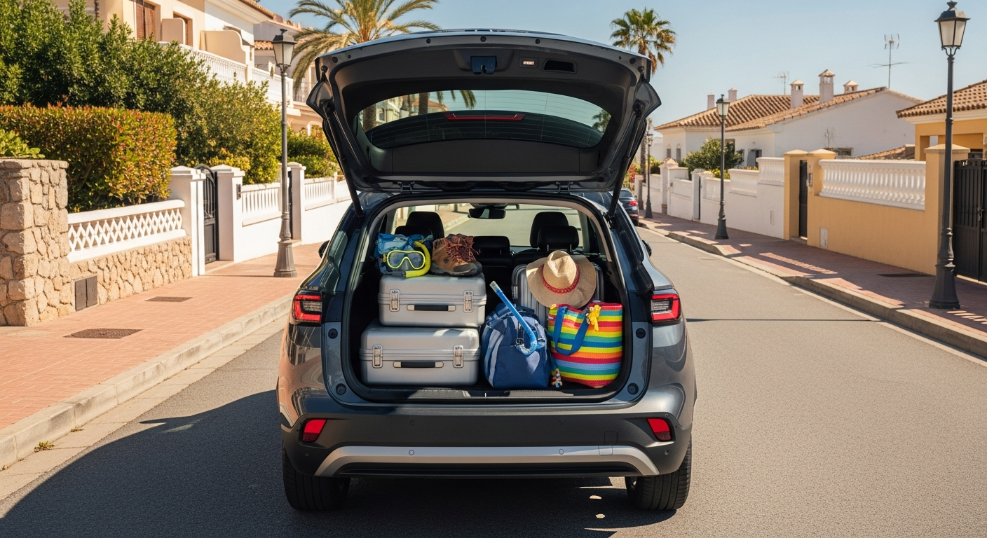 SUV eléctrico familiar con maletero abierto cargando equipaje