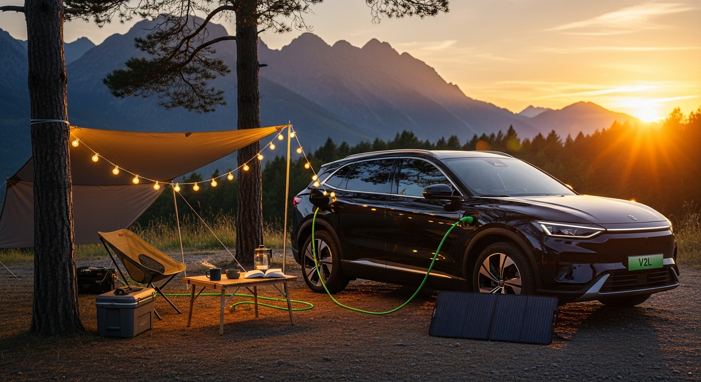 SUV eléctrico alimentando equipamiento de camping con tecnología V2L